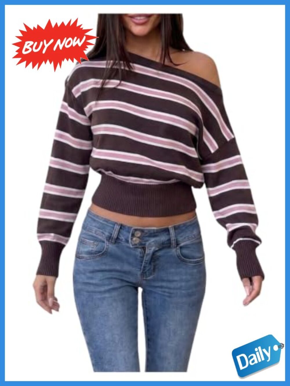 Striped Off Shoulder Sweater Cinched Waist Knit Pullover Y2K Top